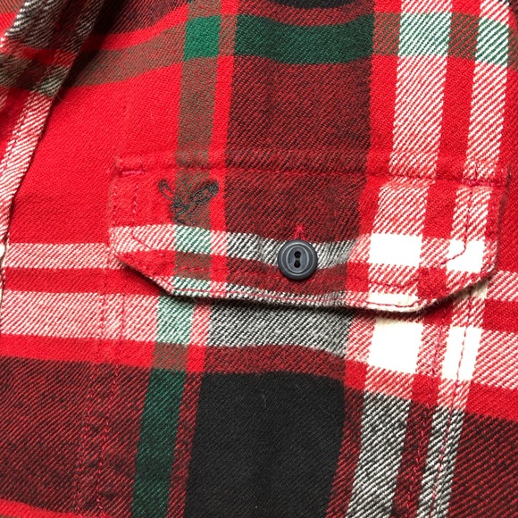 AEO Cotton Button Down Flannel Red Green Black Ivory Plaid Athletic Fit Shirt L - Picture 4 of 13